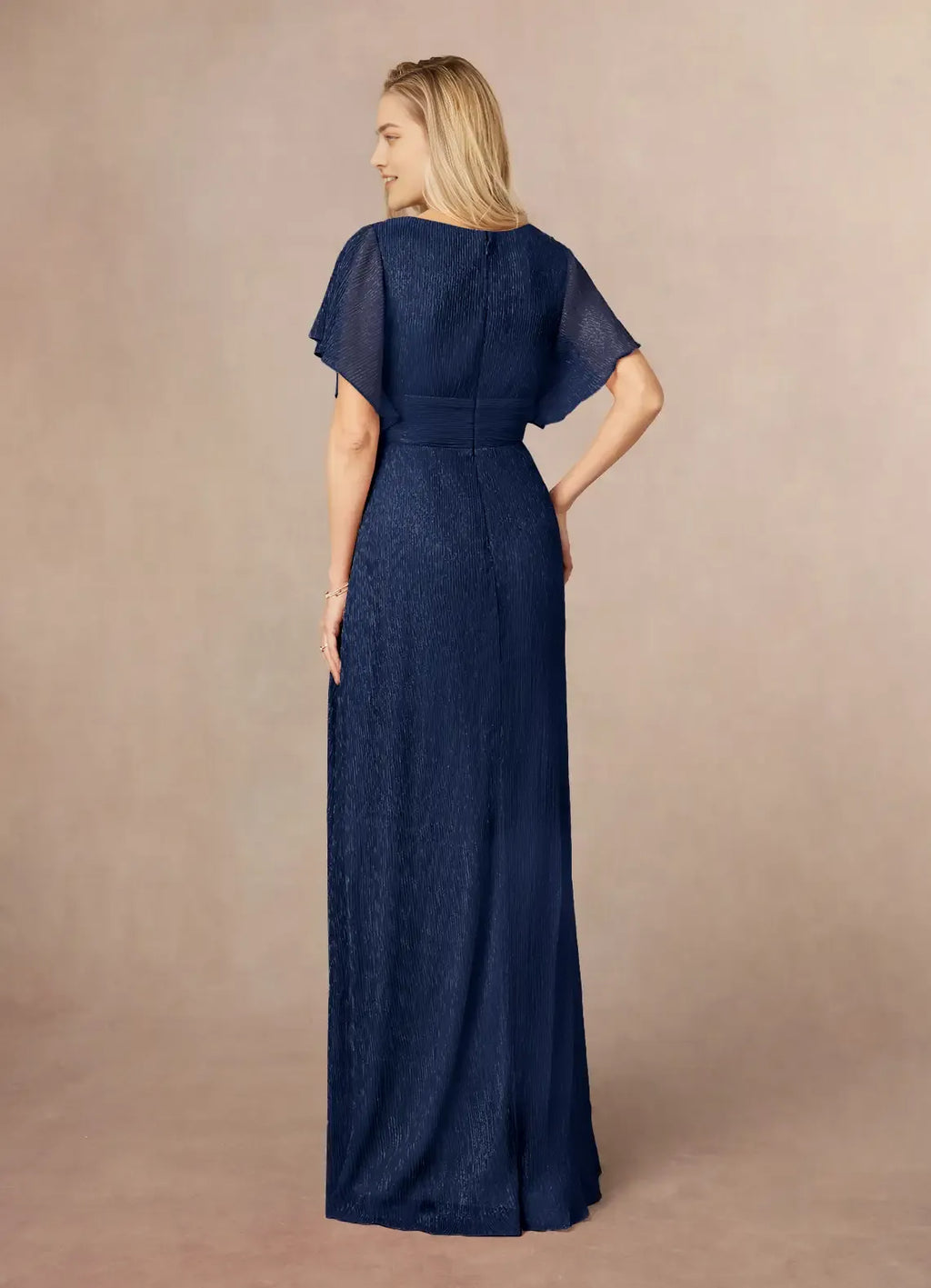 Navy Formal Dark A-Line V-Neck Flutter Sleeve Metallic Mother of the Bride Dress Elegant Choice
