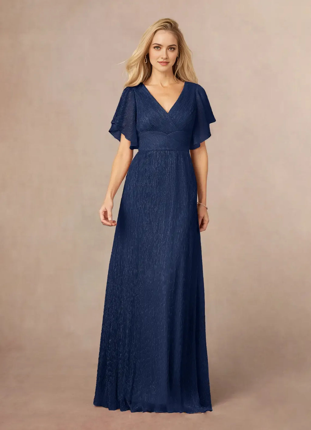 Navy Formal Dark A-Line V-Neck Flutter Sleeve Metallic Mother of the Bride Dress Elegant Choice