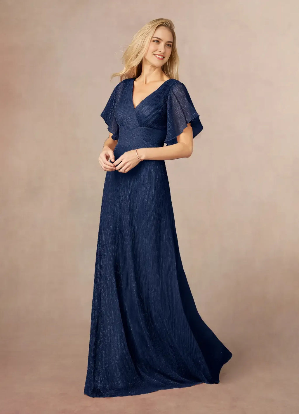 Navy Formal Dark A-Line V-Neck Flutter Sleeve Metallic Mother of the Bride Dress Elegant Choice