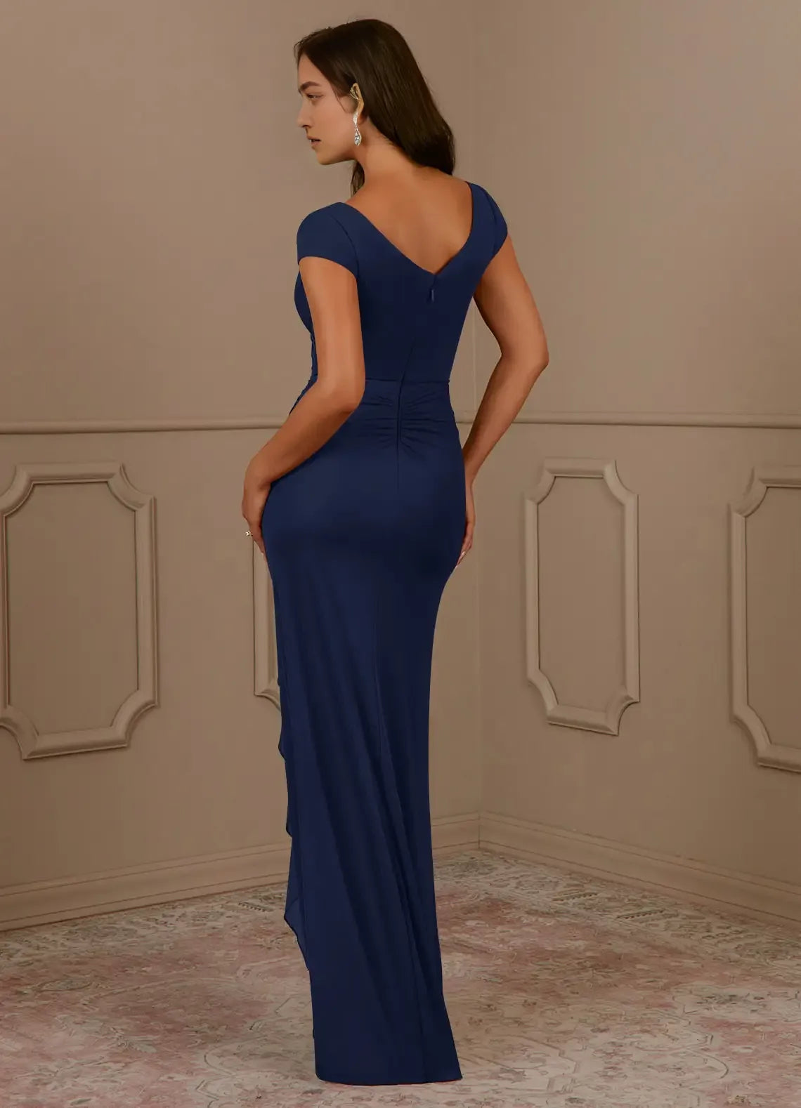 Navy Formal Dark Mermaid V-Neck Pleated Mother of the Bride Dresses Cap Sleeves Ruched Details High Slit Skirt