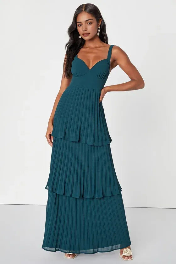 Green Formal Forest Tiered Pleated Evening Dress with Sweetheart Neckline Spaghetti Straps Ideal for Romantic