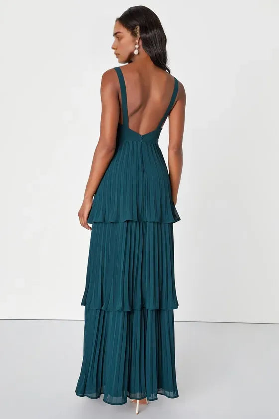 Green Formal Forest Tiered Pleated Evening Dress with Sweetheart Neckline Spaghetti Straps Ideal for Romantic