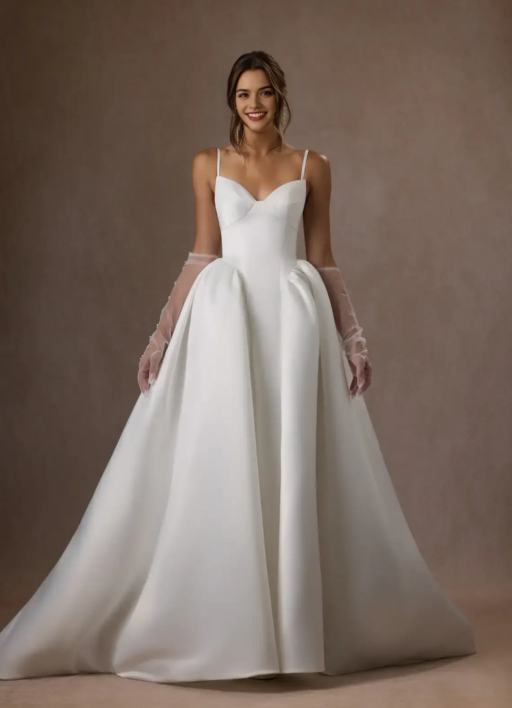 Formal Minimalist Strapless Wedding Dress Ball Gown Structured Bodice Voluminous Skirt Train Perfect for Timeless Elegant Weddings