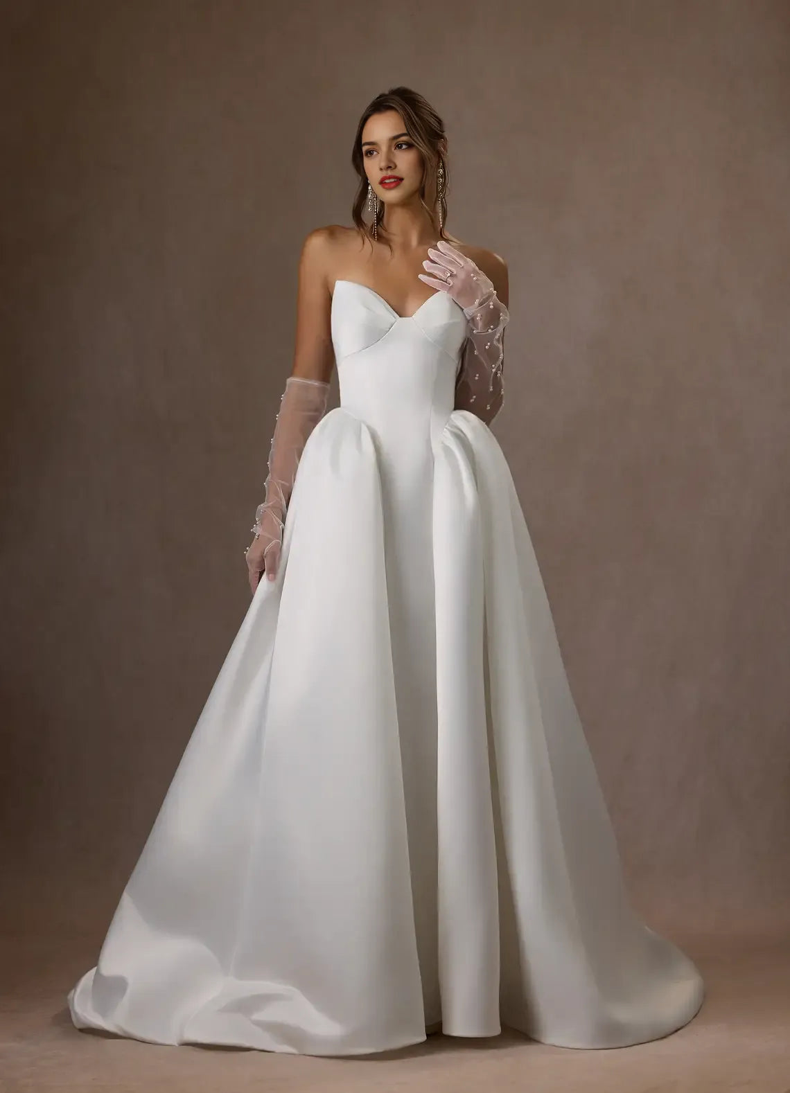 Formal Minimalist Strapless Wedding Dress Ball Gown Structured Bodice Voluminous Skirt Train Perfect for Timeless Elegant Weddings
