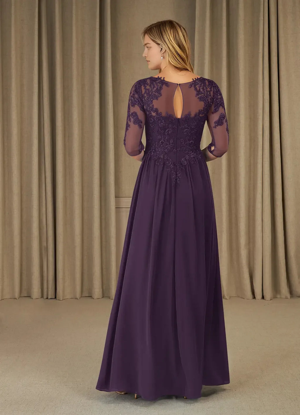 Plum Formal A-Line Scoop with Bodice Sheer 3/4 Sleeves Flowy Skirt