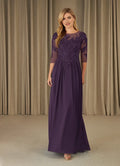 Plum Formal A-Line Scoop with Bodice Sheer 3/4 Sleeves Flowy Skirt