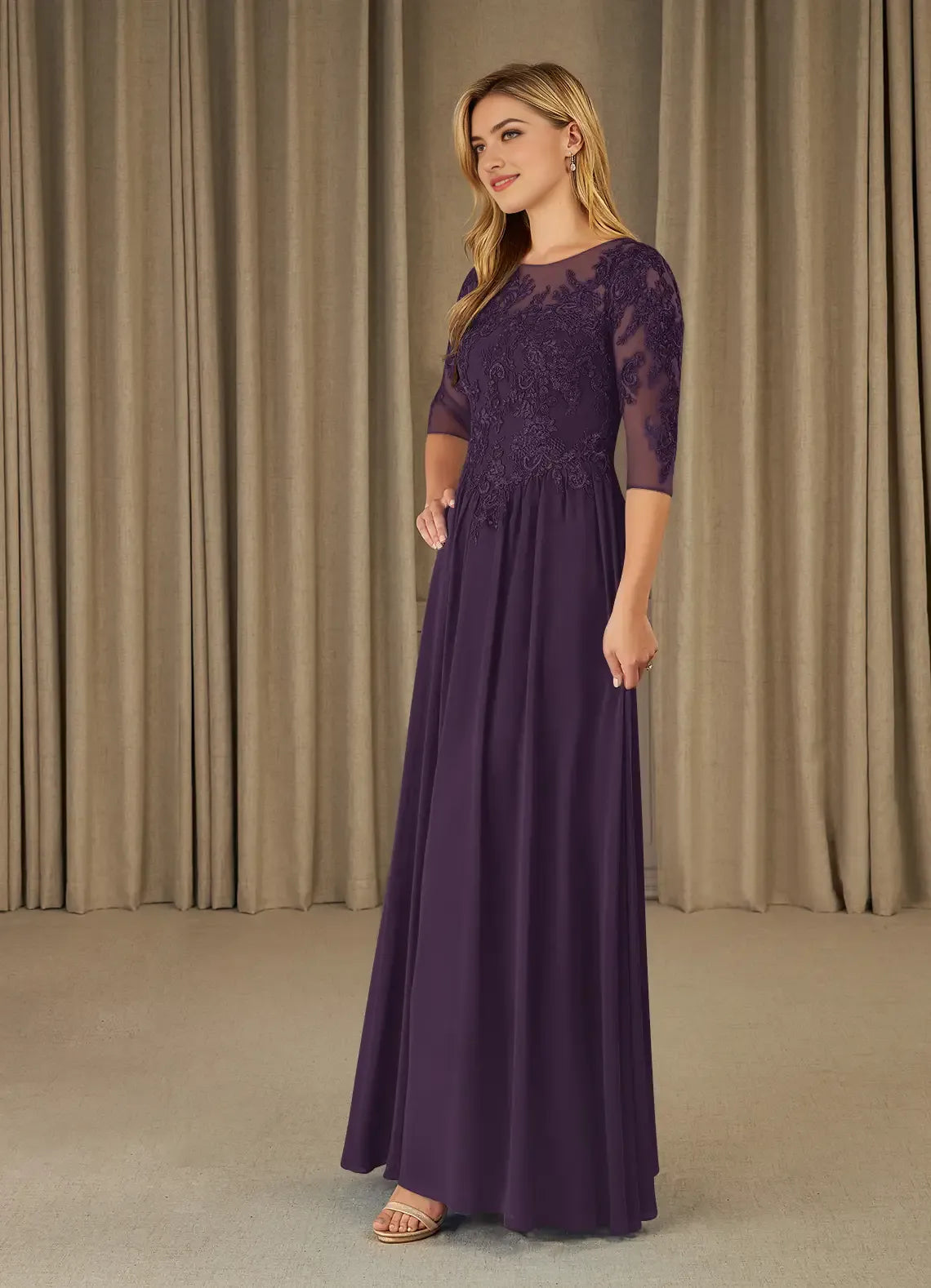 Plum Formal A-Line Scoop with Bodice Sheer 3/4 Sleeves Flowy Skirt