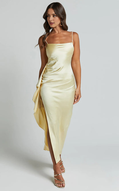Timeless Special Occasion Elegant Satin Sheath Square Neck Spaghetti Strap Evening Dress
