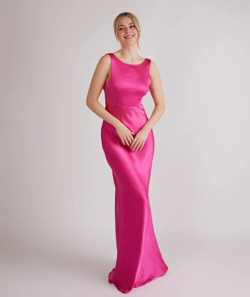 Special Occasion Sophisticated Graceful Stylish Elegant Champagne Satin Cowl Sleeveless Bridesmaid Dress