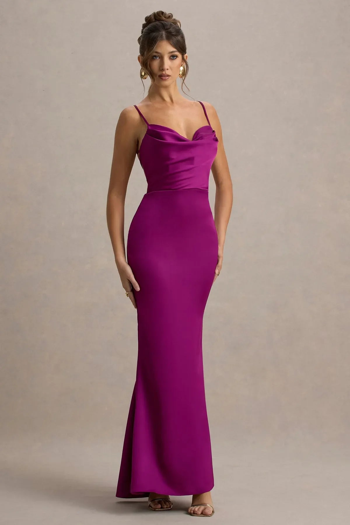 Fuchsia Prom Dress with Cowl Neckline Spaghetti Straps Body Hugging Maxi Silhouette for Sophisticated Occasions