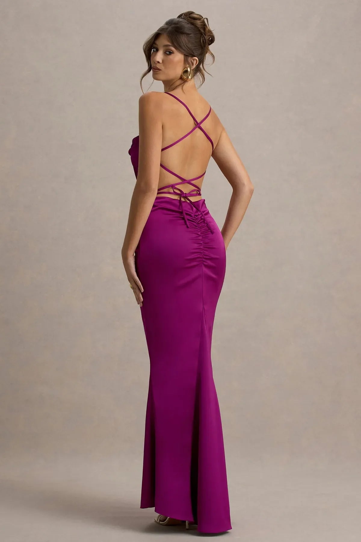 Fuchsia Prom Dress with Cowl Neckline Spaghetti Straps Body Hugging Maxi Silhouette for Sophisticated Occasions