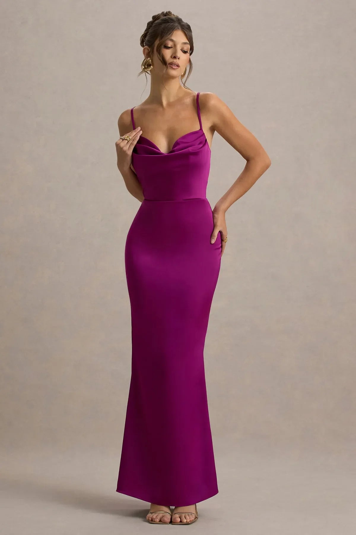 Fuchsia Prom Dress with Cowl Neckline Spaghetti Straps Body Hugging Maxi Silhouette for Sophisticated Occasions