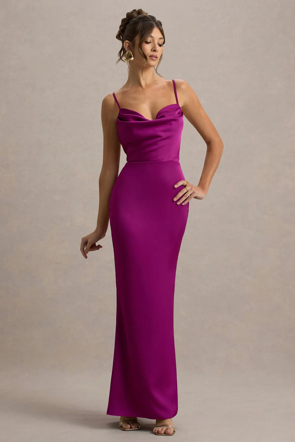 Fuchsia Prom Dress with Cowl Neckline Spaghetti Straps Body Hugging Maxi Silhouette for Sophisticated Occasions