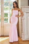 Pink Full Of Charm Mermaid Strapless Pleated Maxi Prom Dress With Flowy Skirt