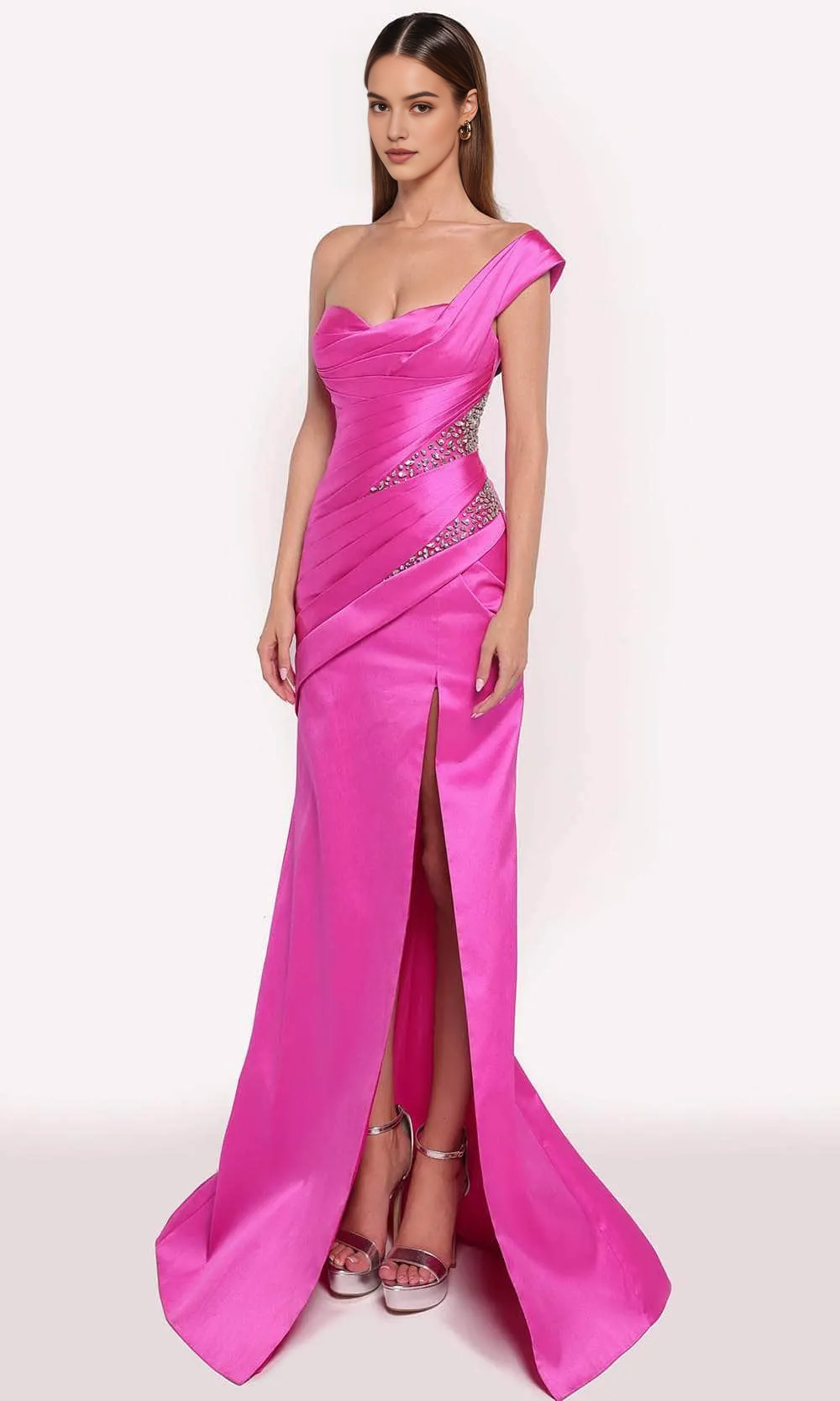 Red Fuchsia One - Shoulder Evening Dresses with Draped Bodice Crystal Embellishments and High Side Slit A Showstopper for Carpet Events Formal Galas and Luxury