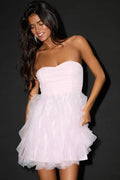 Pink Girly Pink Strapless Homecoming Dress - Sweetheart Neck line Ruffled Tie Skirt Flattering Fit for Teen School Dances Formal Occasions, Perfect for Memorable Homecoming Moments