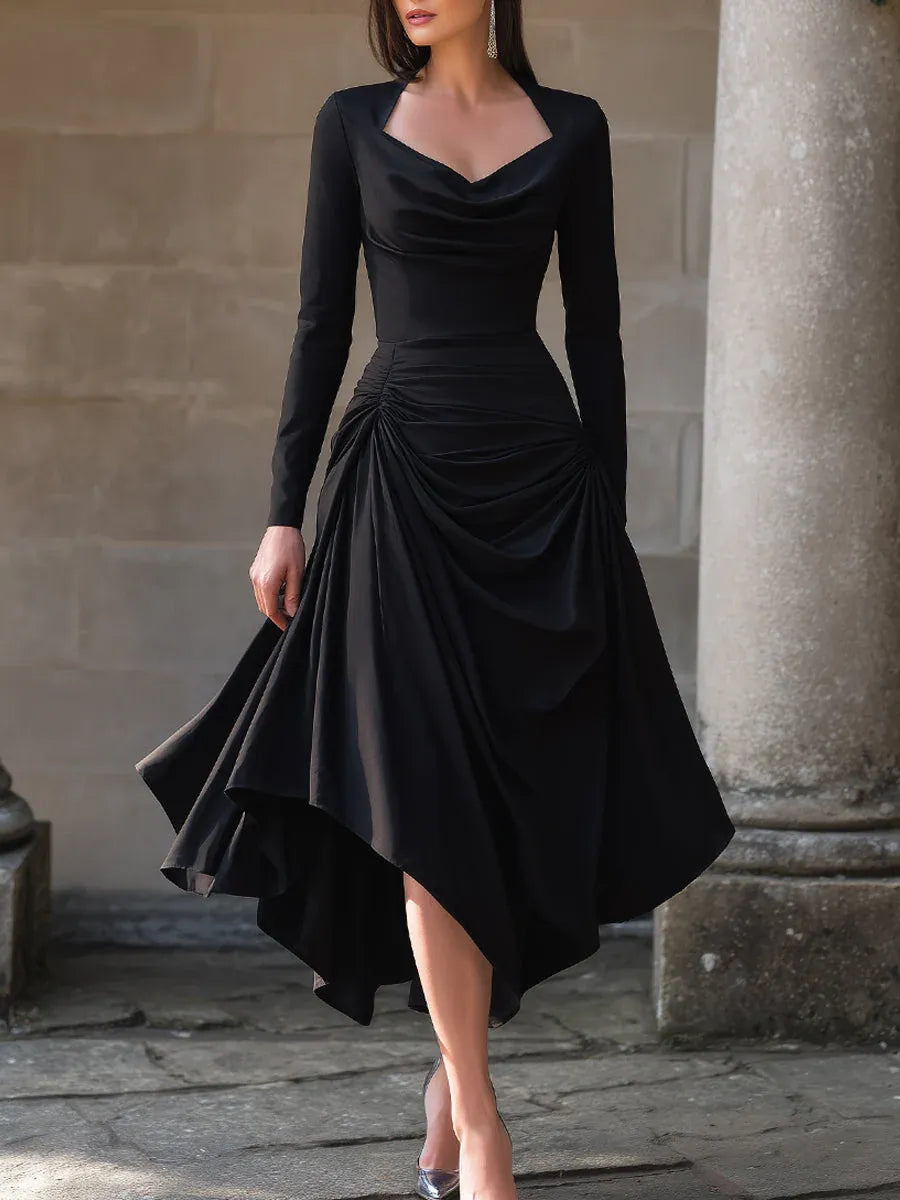 Black Cowl Neck Long Sleeve Ruched Midi Prom Dresses With Asymmetrical Hem
