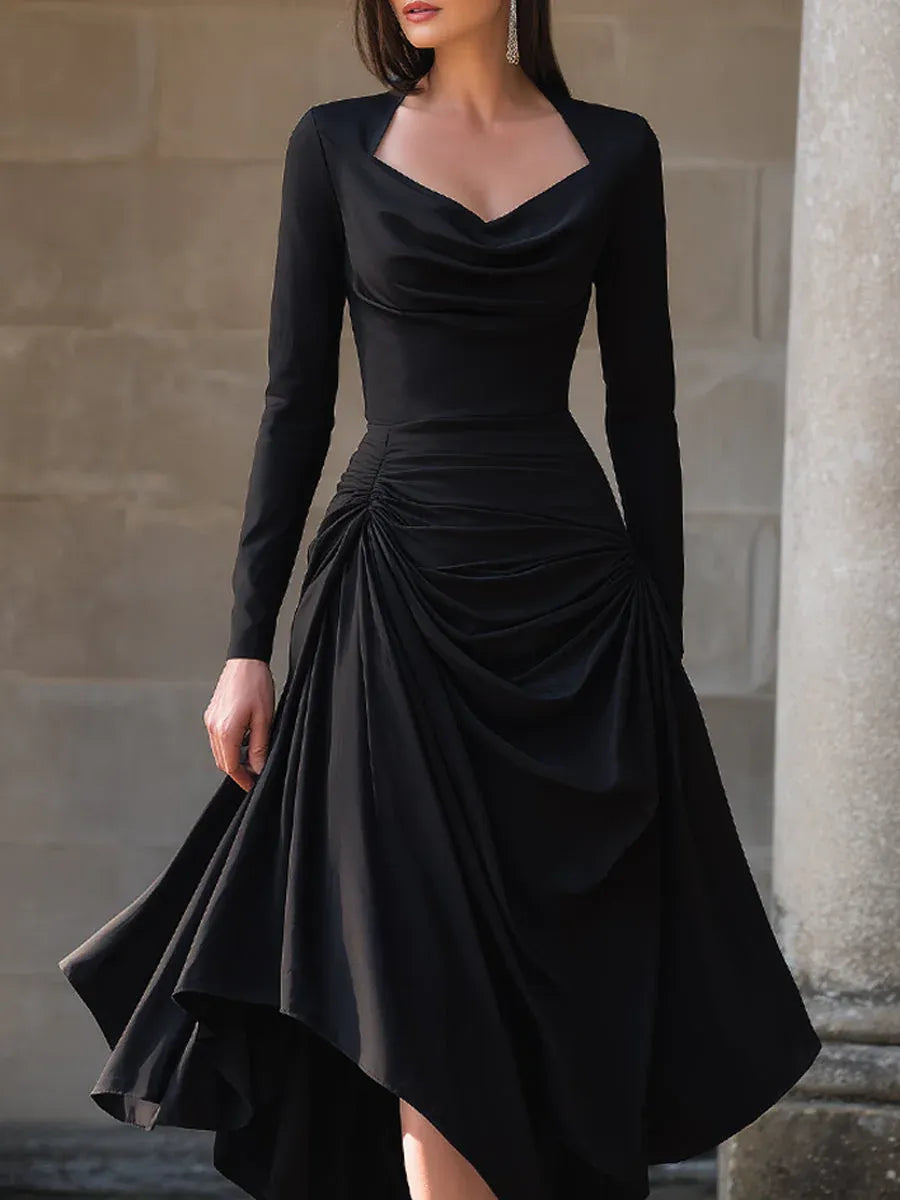 Black Cowl Neck Long Sleeve Ruched Midi Prom Dresses With Asymmetrical Hem