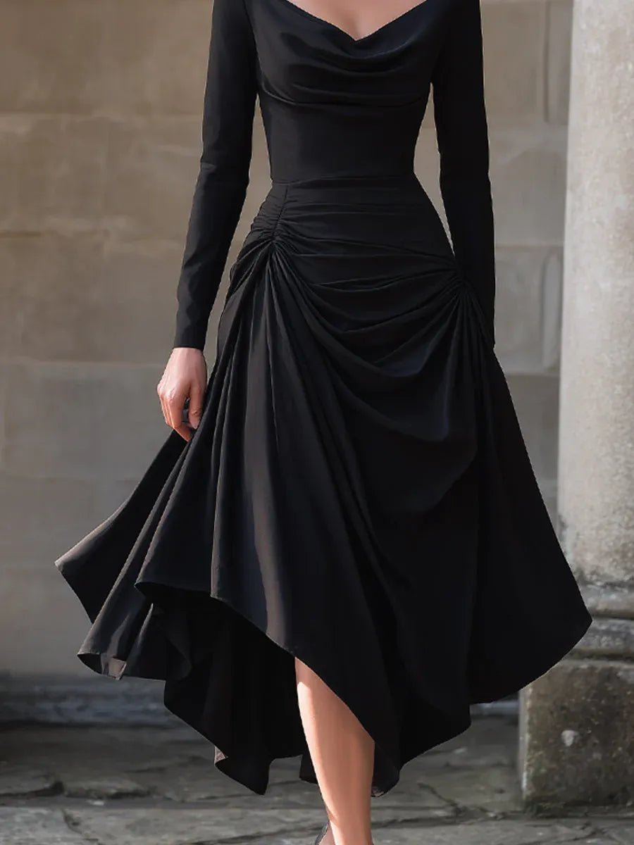 Black Cowl Neck Long Sleeve Ruched Midi Prom Dresses With Asymmetrical Hem
