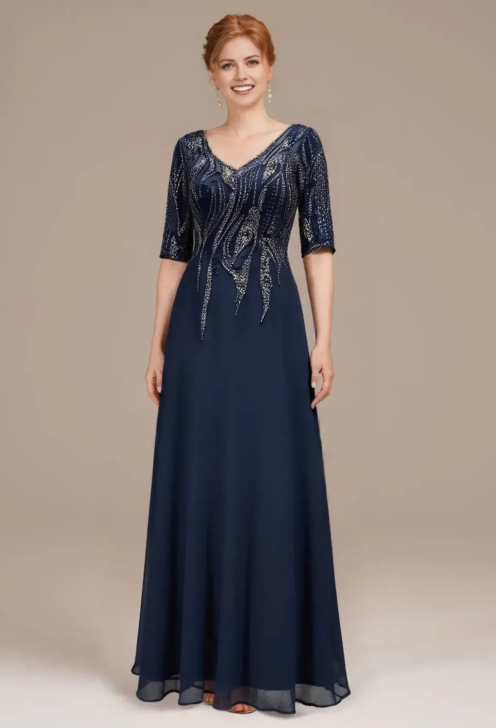 Deep V Neck 3/4 Sleeves Zipper Back Floor-Length Mother Of The Bride Dresses