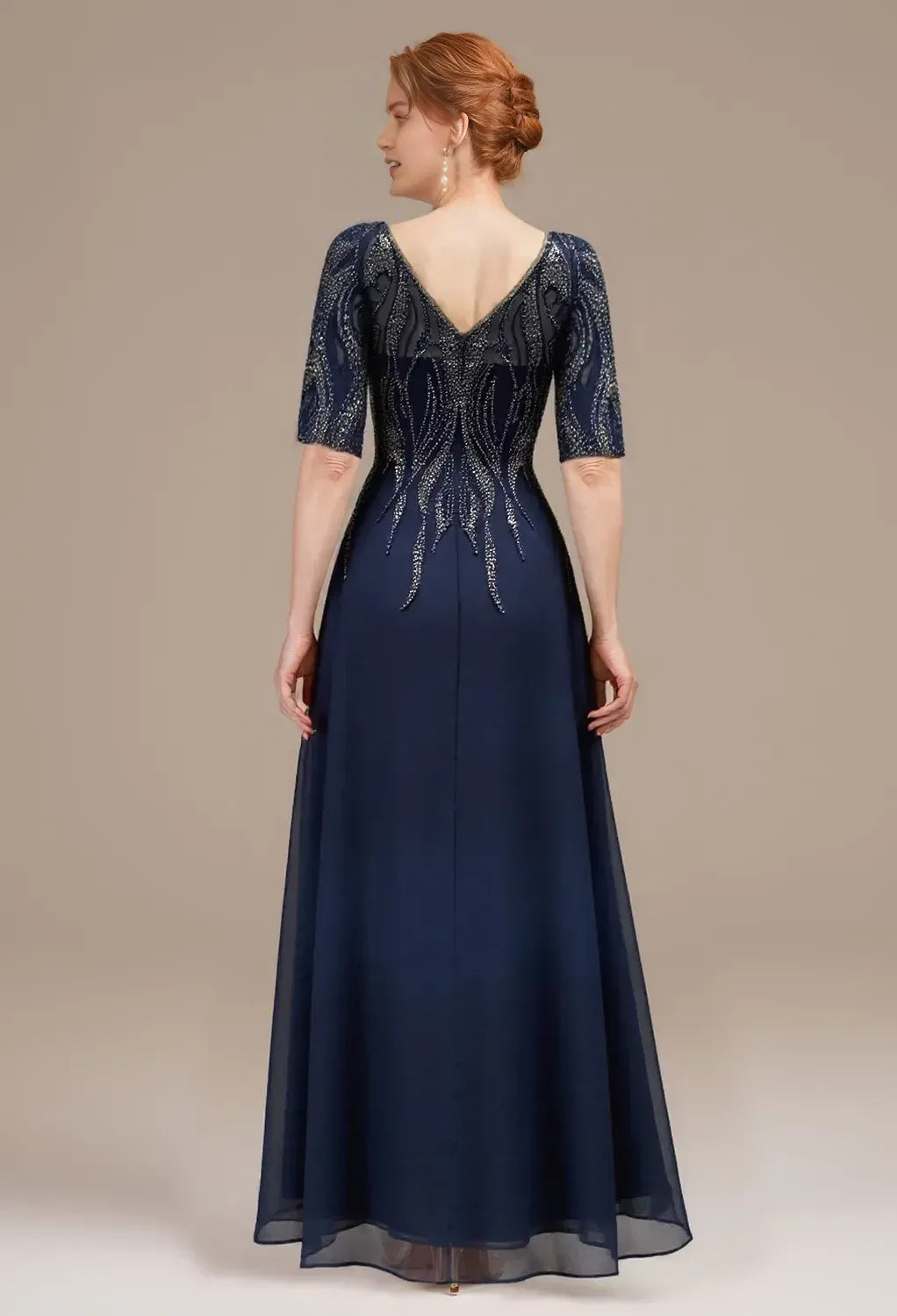 Deep V Neck 3/4 Sleeves Zipper Back Floor-Length Mother Of The Bride Dresses