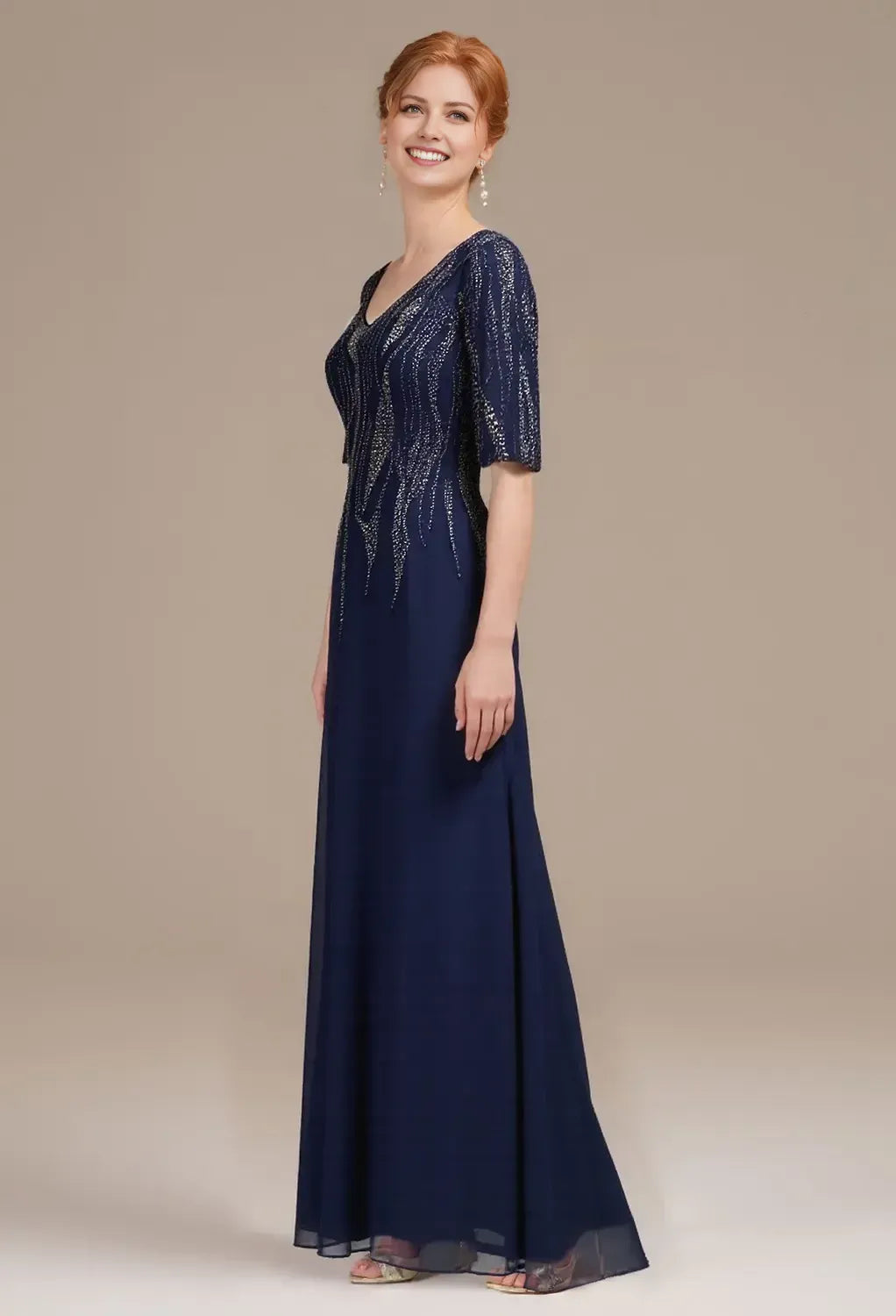 Deep V Neck 3/4 Sleeves Zipper Back Floor-Length Mother Of The Bride Dresses
