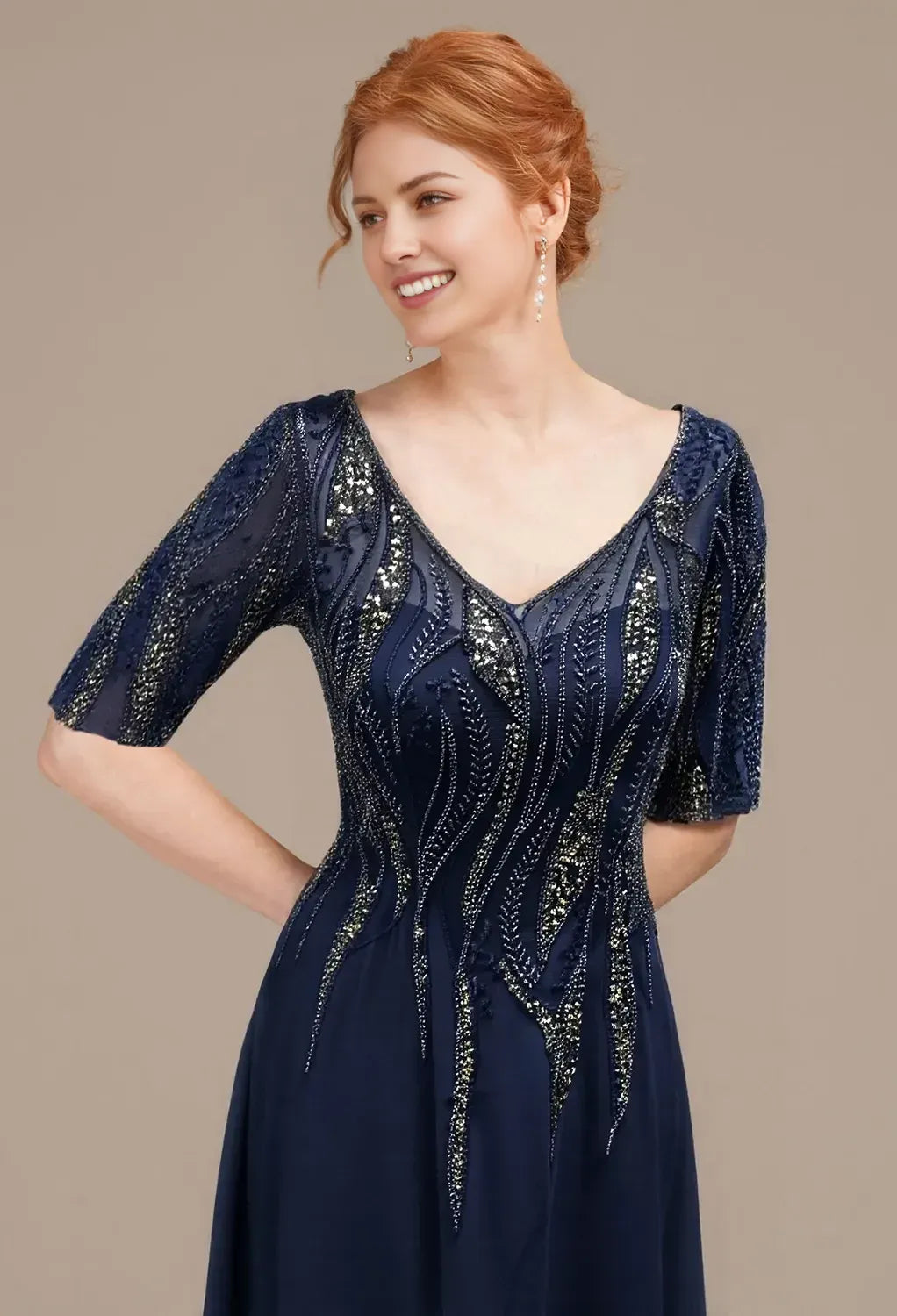 Deep V Neck 3/4 Sleeves Zipper Back Floor-Length Mother Of The Bride Dresses