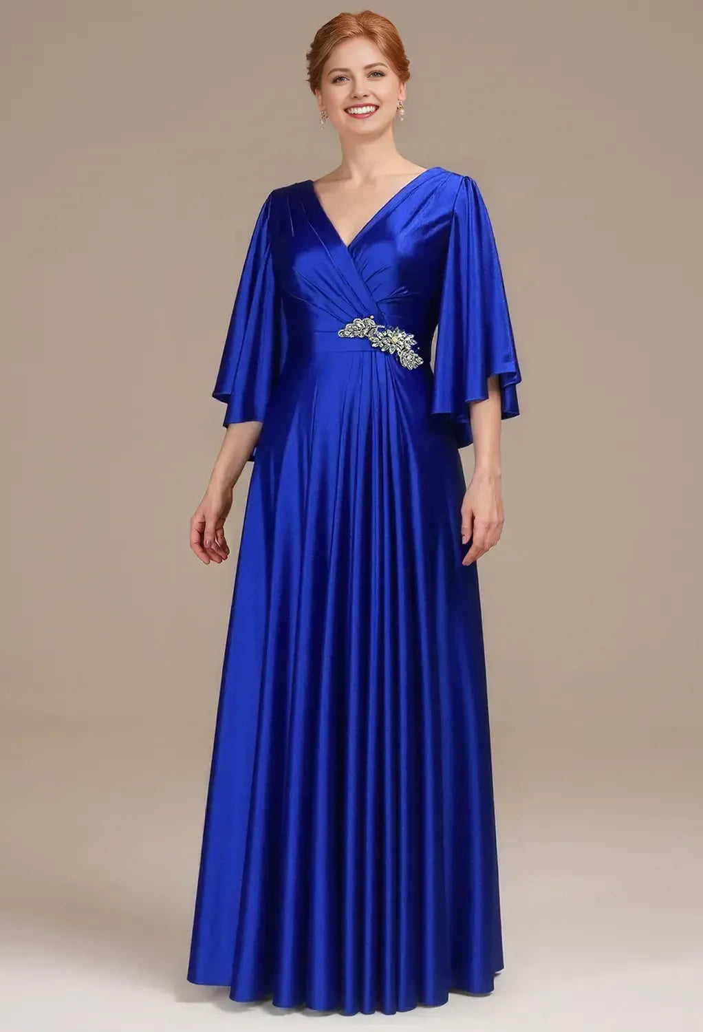 Deep V Neck Cape Sleeve Zipper Back Floor-Length Mother Of The Bride Dresses