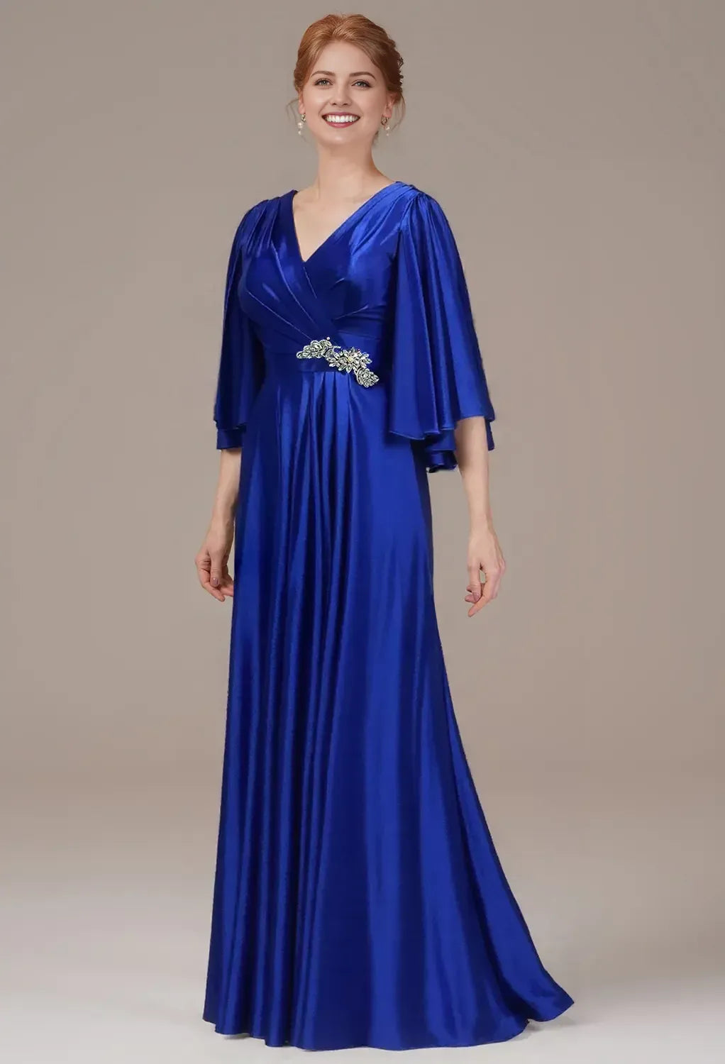 Deep V Neck Cape Sleeve Zipper Back Floor-Length Mother Of The Bride Dresses