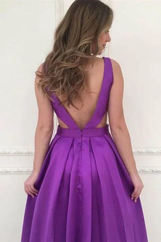 Purple Deep V Neck Cutout Floor Length Prom Dress With Pocket