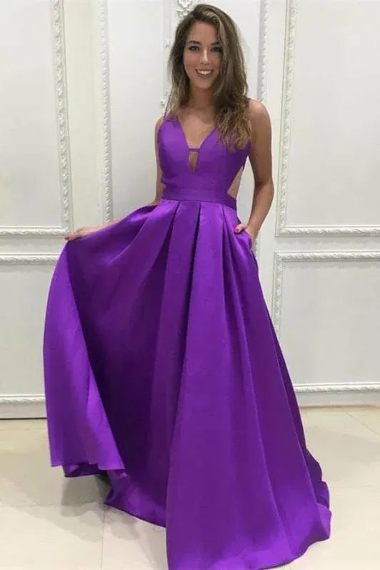 Purple Deep V Neck Cutout Floor Length Prom Dress With Pocket
