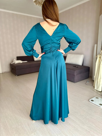 Special Occasion Sophisticated Graceful Stylish Elegant Satin A-Line Long Sleeve Floor-Length Prom Dress
