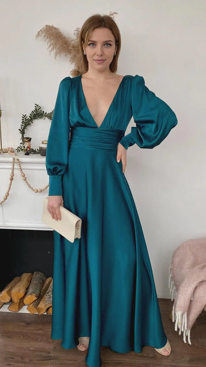 Special Occasion Sophisticated Graceful Stylish Elegant Satin A-Line Long Sleeve Floor-Length Prom Dress