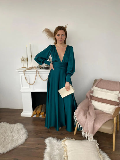 Special Occasion Sophisticated Graceful Stylish Elegant Satin A-Line Long Sleeve Floor-Length Prom Dress