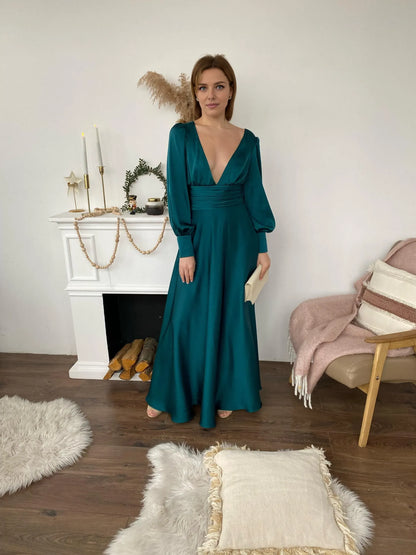 Special Occasion Sophisticated Graceful Stylish Elegant Satin A-Line Long Sleeve Floor-Length Prom Dress