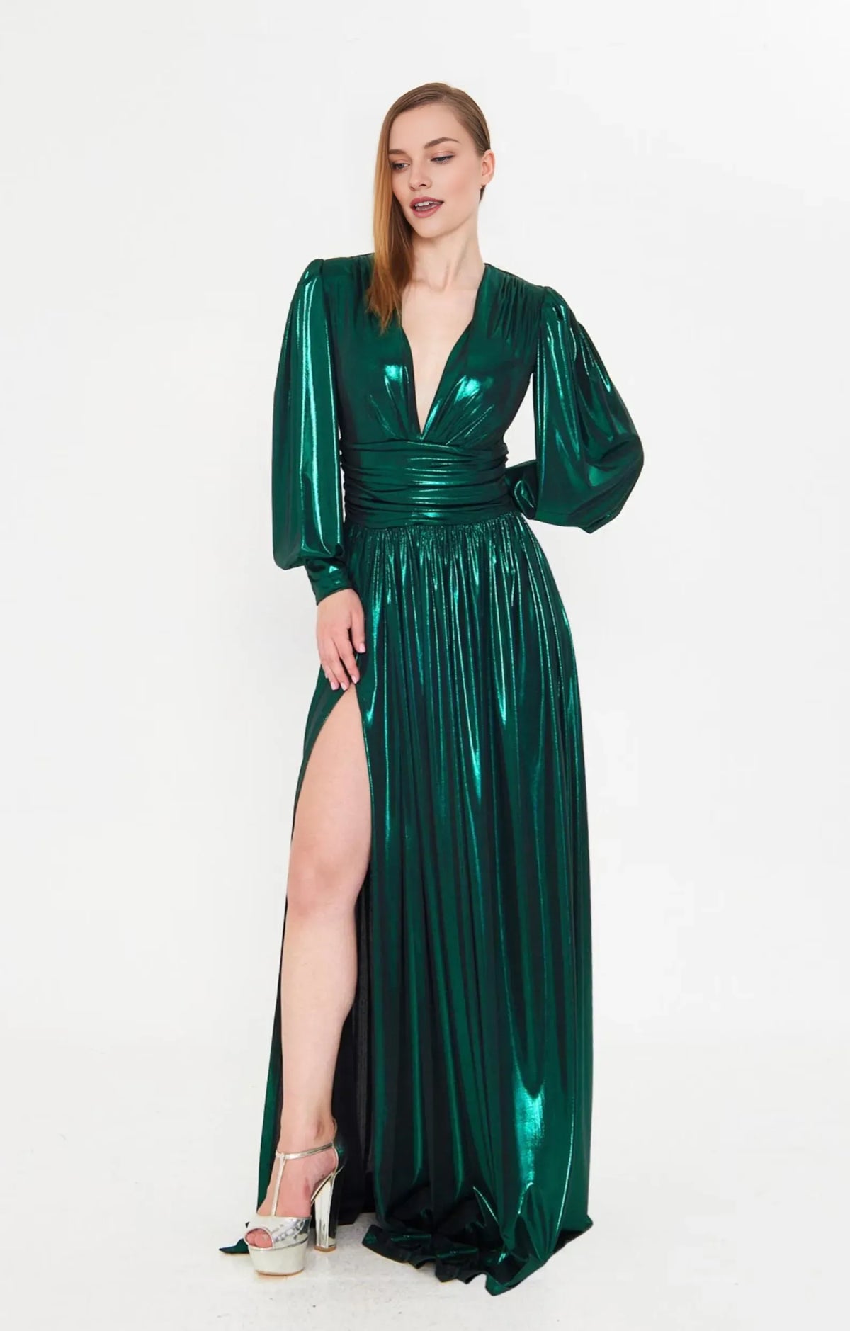 Special Occasion Sophisticated Graceful Elegant Emerald Green A-Line Long Sleeve Floor-Length Prom Dress