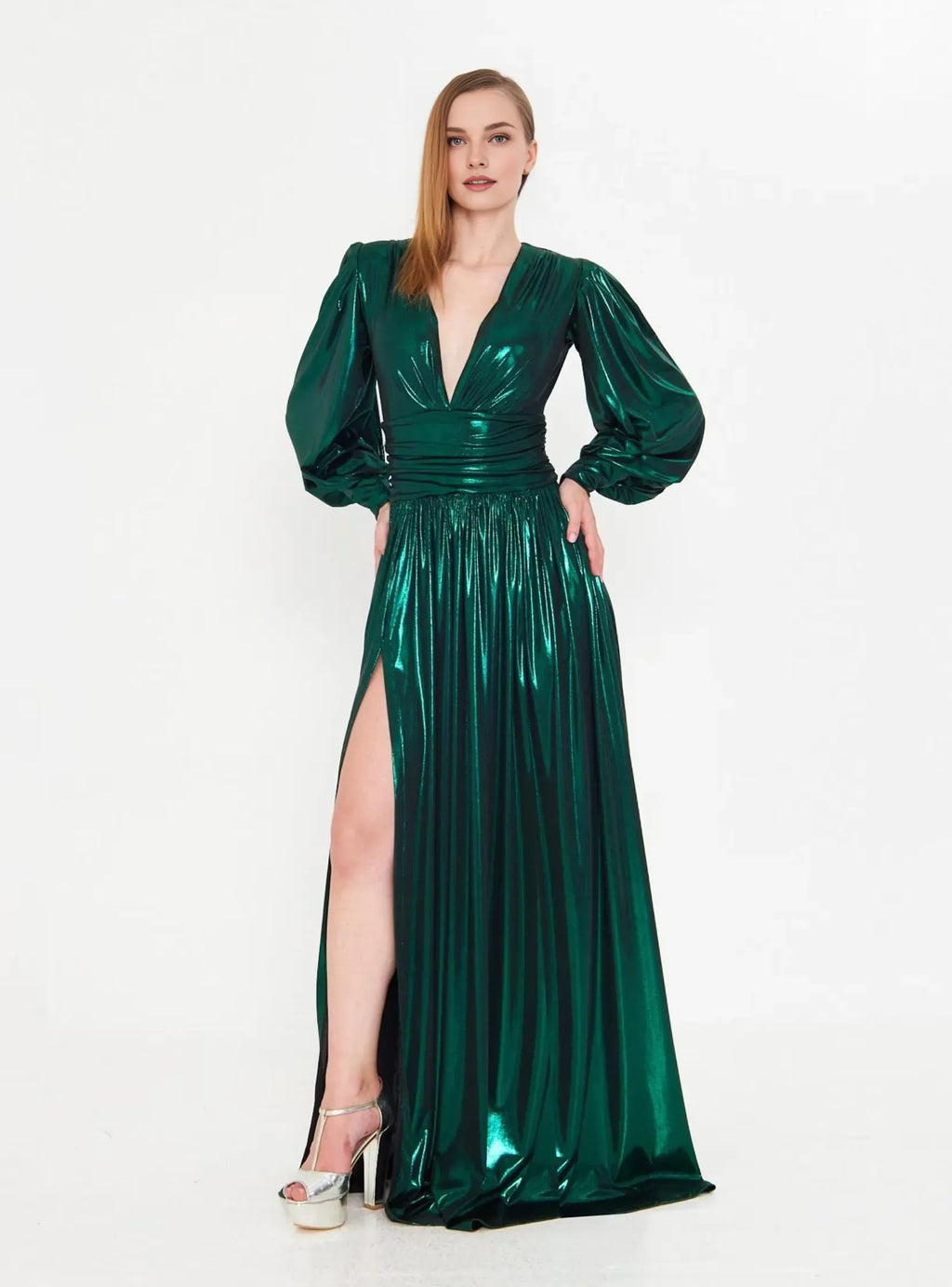 Special Occasion Sophisticated Graceful Elegant Emerald Green A-Line Long Sleeve Floor-Length Prom Dress