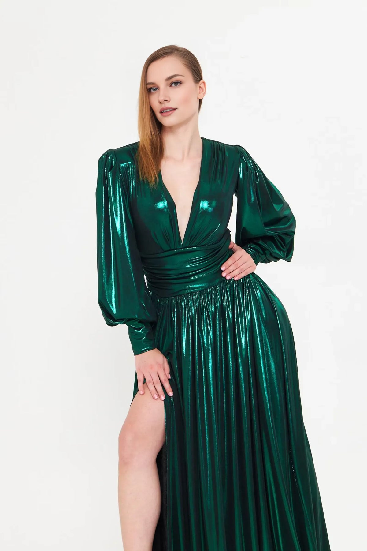 Special Occasion Sophisticated Graceful Elegant Emerald Green A-Line Long Sleeve Floor-Length Prom Dress