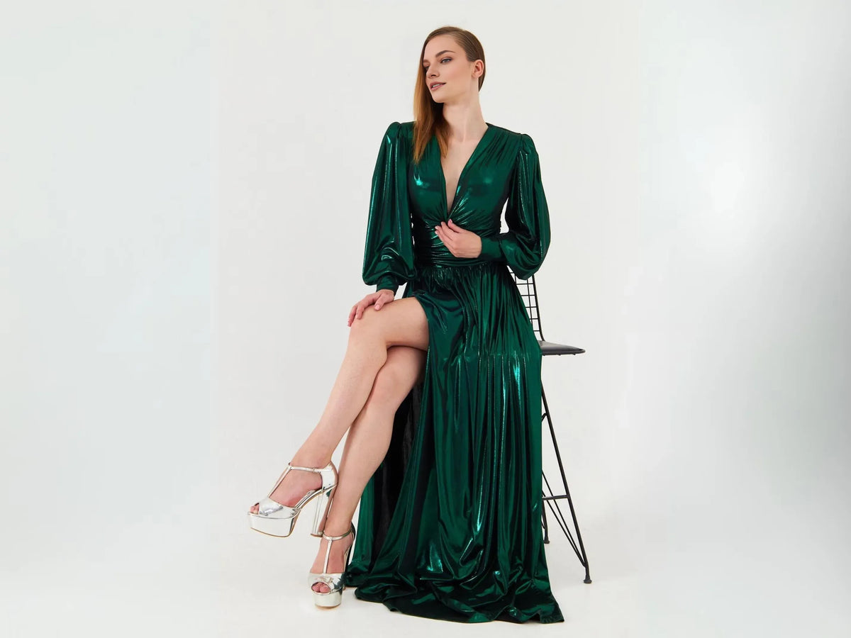 Special Occasion Sophisticated Graceful Elegant Emerald Green A-Line Long Sleeve Floor-Length Prom Dress