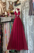 Burgundy Halter Neck Sleeveless Beaded Maxi Prom Dress