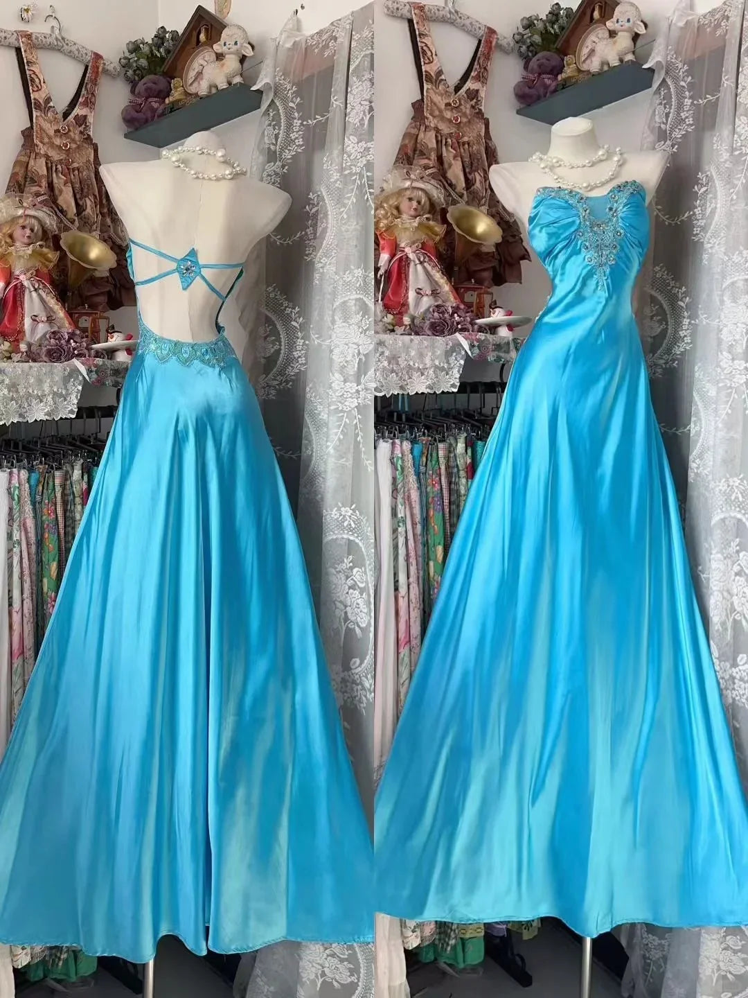 Halter Neck Sleeveless Beaded Turquoise Maxi Prom Dress