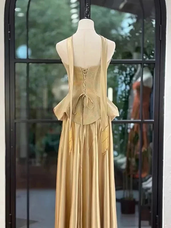 Gold Halter Neck Sleeveless Embroide Gold Maxi Prom Dress