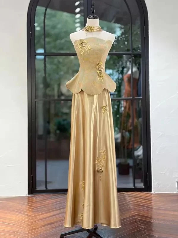 Gold Halter Neck Sleeveless Embroide Gold Maxi Prom Dress