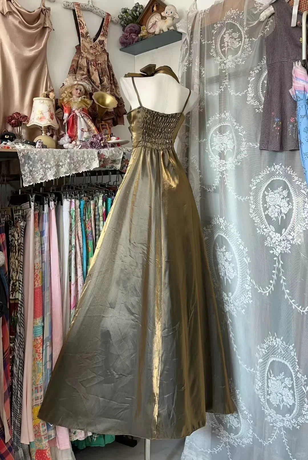 Gold Halter Neck Sleeveless Ruched Maxi Prom Dress