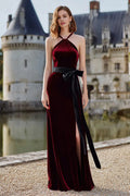 Special Occasion Sophisticated Graceful Elegant Burgundy Velvet A-Line Halter Sleeveless Floor-Length Prom Dress