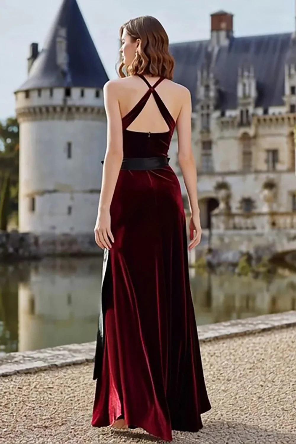 Special Occasion Sophisticated Graceful Elegant Burgundy Velvet A-Line Halter Sleeveless Floor-Length Prom Dress