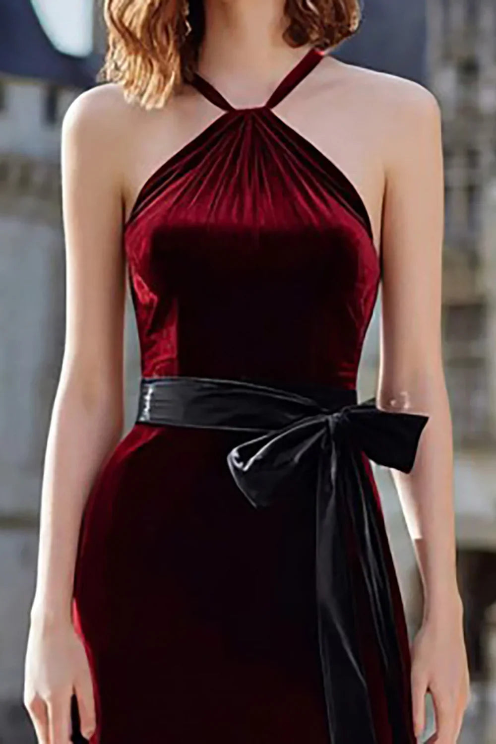 Special Occasion Sophisticated Graceful Elegant Burgundy Velvet A-Line Halter Sleeveless Floor-Length Prom Dress