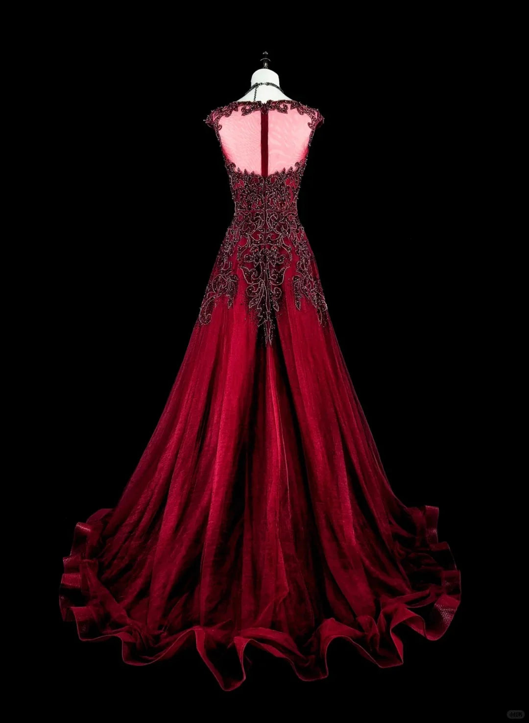 Red Illusion Neck Cap Beaded Maxi Prom Dress