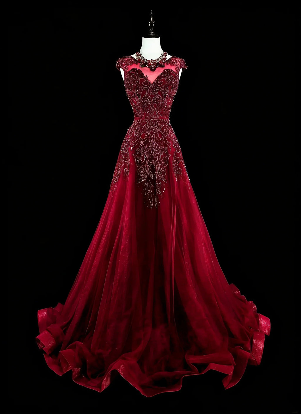 Red Illusion Neck Cap Beaded Maxi Prom Dress