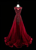 Red Illusion Neck Cap Beaded Maxi Prom Dress